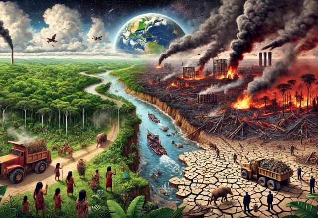 O colapso ambiental avança: povos indígenas e a floresta em risco iminente | Cido Coelho/SBT News/Imagem gerada por IA