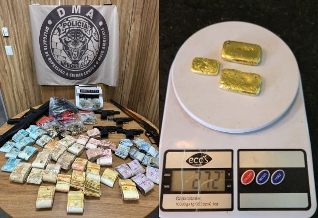 Polícia Federal apreende cerca de R$ 200 mil em espécie, quatro pistolas, um fuzil, uma espingarda e máquina de contar dinheiro | Reprodução/PF