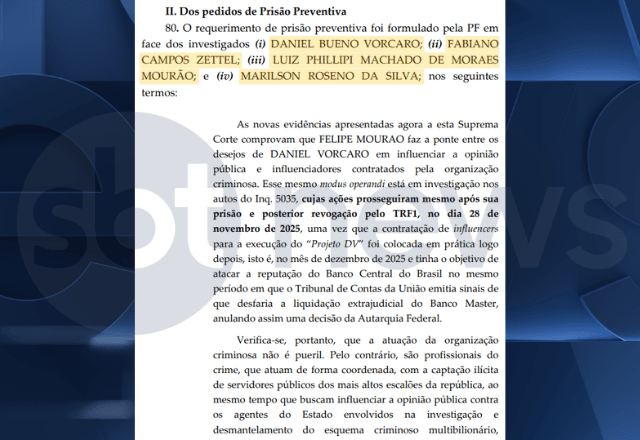 Trecho do documento em que André Mendonça determina prisão preventiva de Daniel Vorcaro e outros três investigados | SBT News