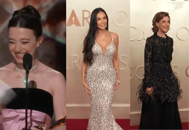 Mikey Madison, ganhadora do Oscar de melhor atriz, e as concorrentes mais experientes, Demi Moore e Fernanda Torres | Reprodução