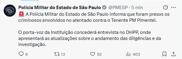 PM informa que prendeu suspeitos envolvidos em atentado contra tenente da Rota | Reprodu&ccedil;&atilde;o/X