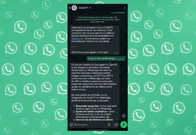 Para usar a IA da OpenAI no aplicativo da Meta basta adicionar o número +1 (800) 242-8478 (1-800-CHATGPT)  e você pode interagir diretamente com o chatbot | Cido Coelho/SBT News/Montagem/Imagem gerada com IA