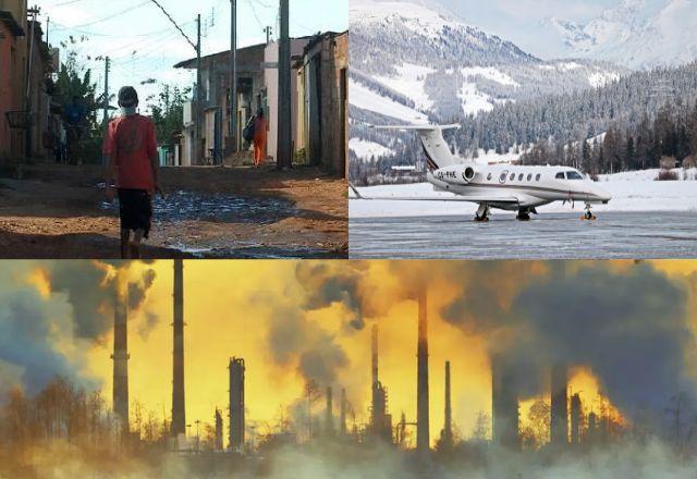Pessoa sem saneamento, dinheiro e poluição industrial - Montagem