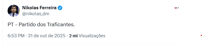 Post de Nikolas Ferreira o X - Reprodução