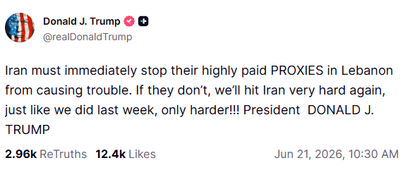 Postagem de Trump ameaçando Irã por causa do conflito contra Israel no Líbano | Reprodução/Truth Social