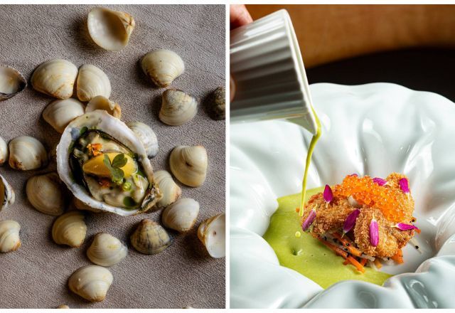 Prato do restaurante Oseille, com uma estrela Michelin no RJ; ao lado, prato do restaurante Tiara, recomendado pelo Guia | Divulgação/Tomás Rangel/ Vitor Faria