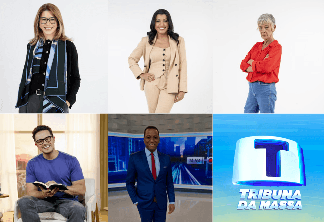 Daniela Beyruti, Dani Brandi, Fátima Souza, Deive Leonardo e Douglas Bandeira | Rogério Palatta/SBT e reprodução