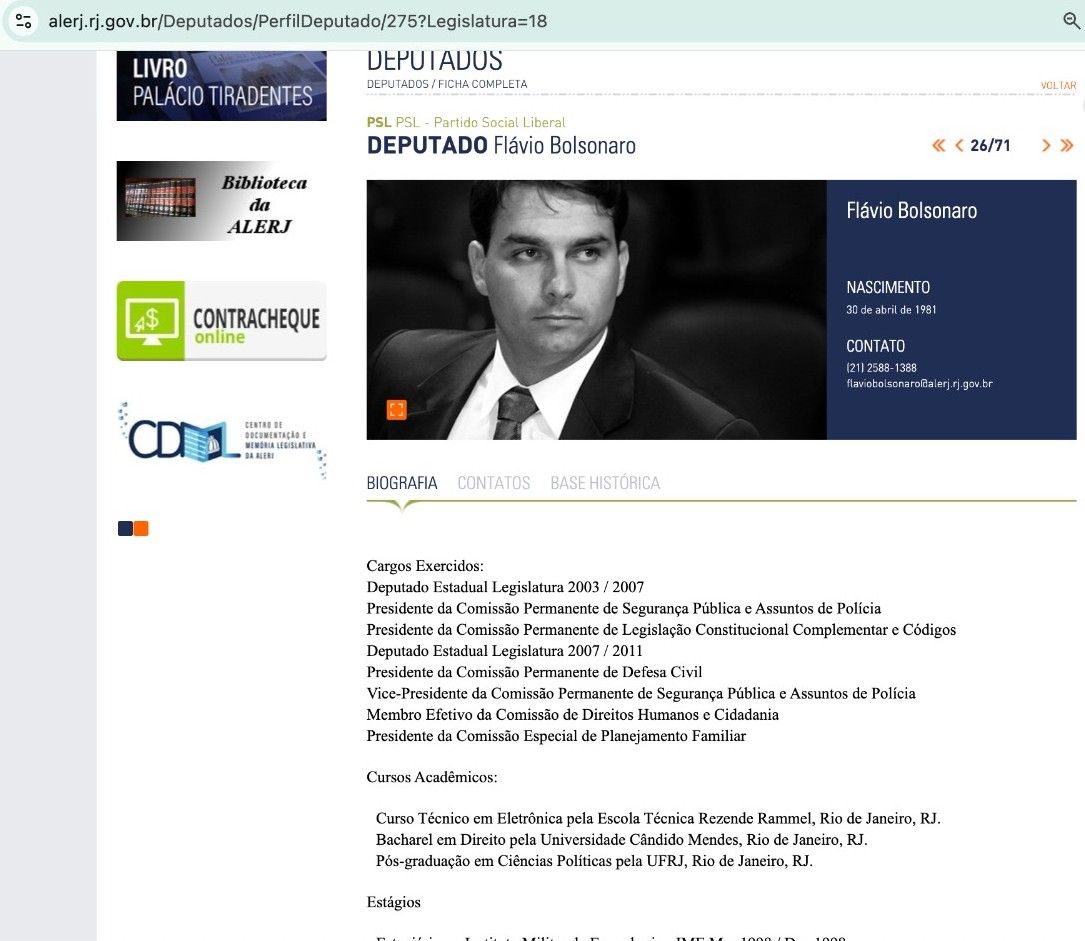 Print da página sobre o senador no site da Assembleia Legislativa do Rio de Janeiro (Alerj) | Reprodução