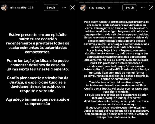 Pronunciamento de Nina Santos | Reprodução/Redes sociais