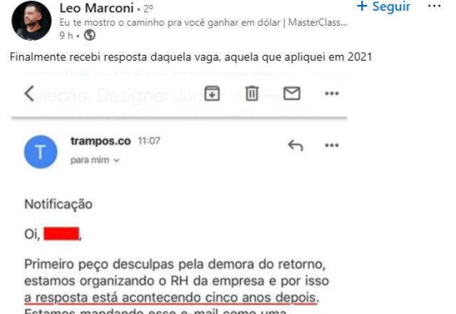 "Desculpa pela demora": RH dá retorno de vaga 5 anos após processo seletivo