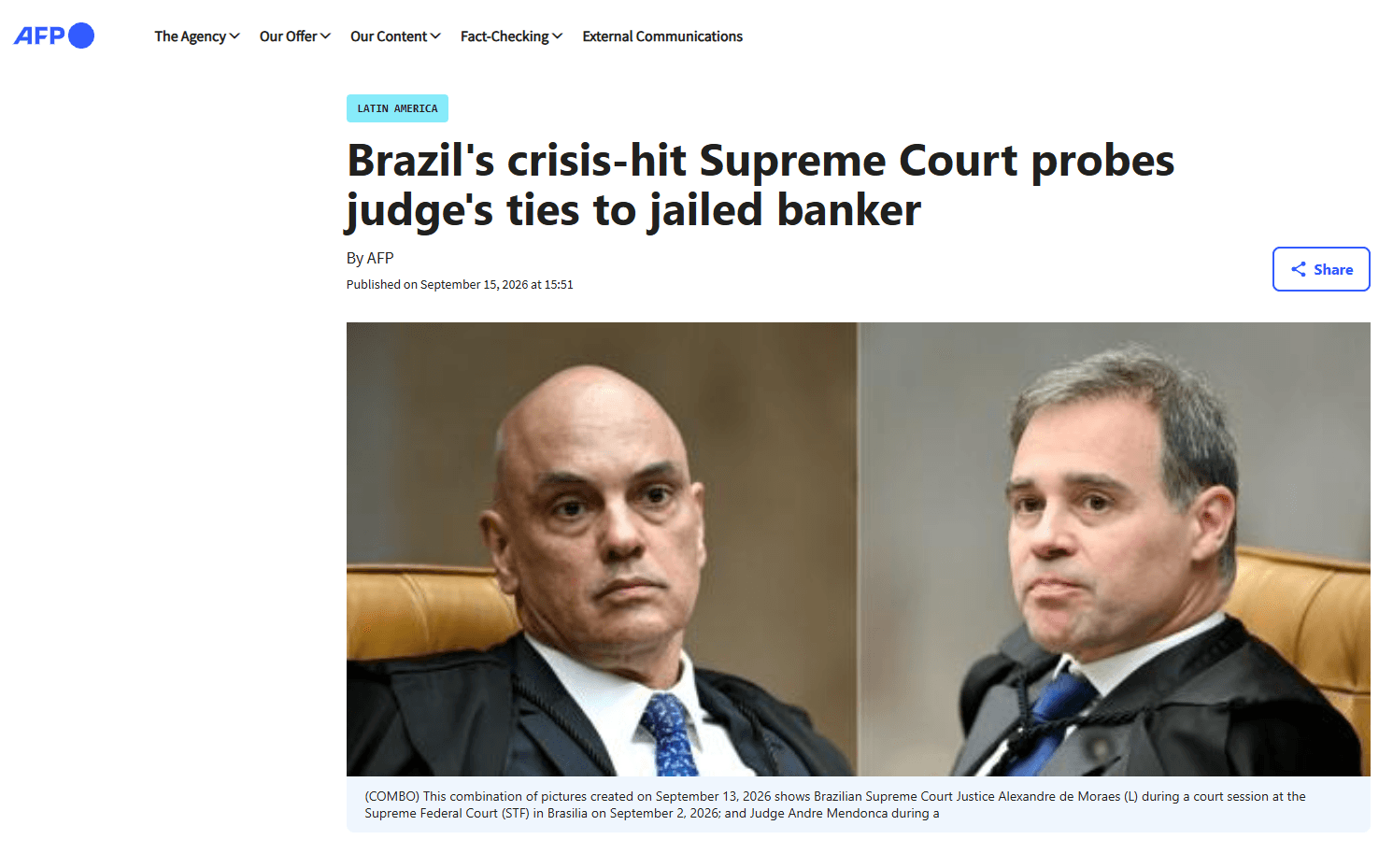 Reportagem da Agence France-Presse (AFP) repercute sessão do STF que analisa a possível abertura de investigação contra o ministro Alexandre de Moraes | Foto: Reprodução/AFP - 15.09.2026