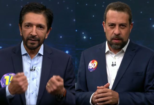 Ricardo Nunes e Guilherme Boulos no debate da Band, o primeiro do segundo turno das eleições para prefeito de São Paulo. Foto: Reprodução