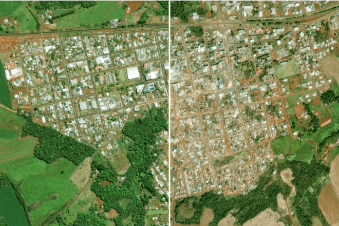 Imagens de satélite mostram antes e depois do tornado em Rio Bonito do Iguaçu | Reuters