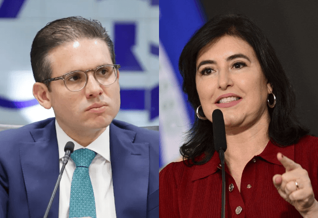 Presidente da Câmara, Hugo Motta (à esquerda) e ministra de Planejamento e Orçamento, Simone Tebet (à direita) | Reprodução