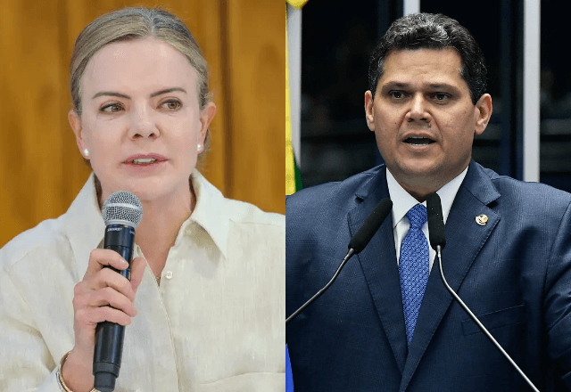 Ministra de Relações Institucionais, Gleisi Hoffmann (à esquerda), e o presidente do Senado Federal, Davi Alcolumbre (à direita) | Reprodução