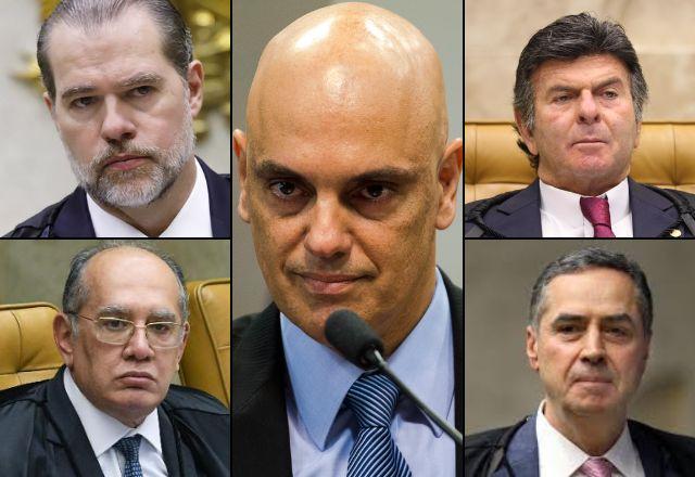 Moraes pede vista. Gilmar e Toffoli votam pela Gradiente; Fux e Barroso pela Apple. Julgamento está suspenso | Montagem/SBT News/SCO/STF