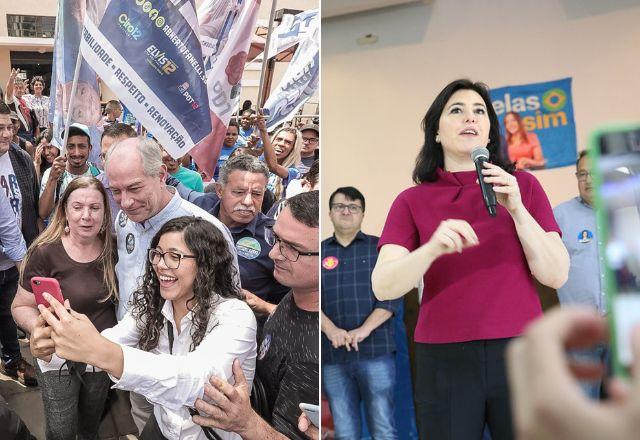 Ciro Gomes tira foto com apoiadores em São José do Rio Preto, à esq., e Simone Tebet fala ao microfone em Dourados, à esq., em montagem (Keiny Andrade/Divulgação/Simone Tebet)