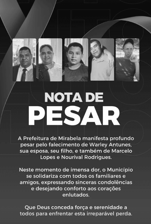 Nota de pesar da Prefeitura de Mirabela (MG) | Reprodução/Redes sociais