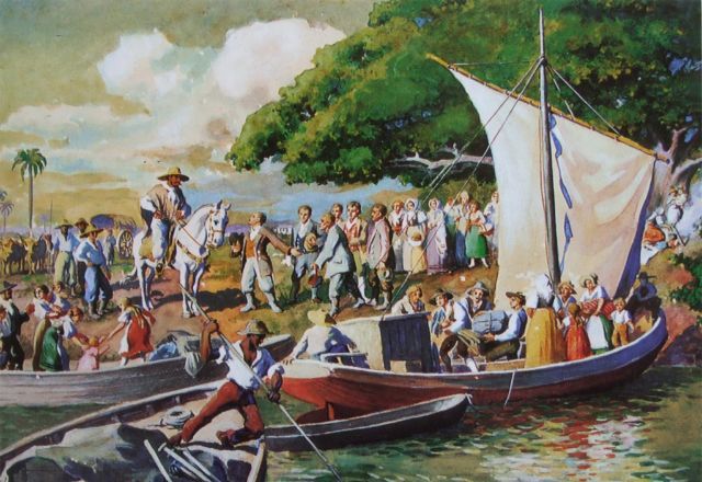 Tela do pintor alemão Ernst Zeuner pintado em 1824 retrata a chegada dos primeiros 39 imigrantes alemães a Saõ Leopoldo (RS) | Reprodução/Museu Histórico Visconde de São Leopoldo