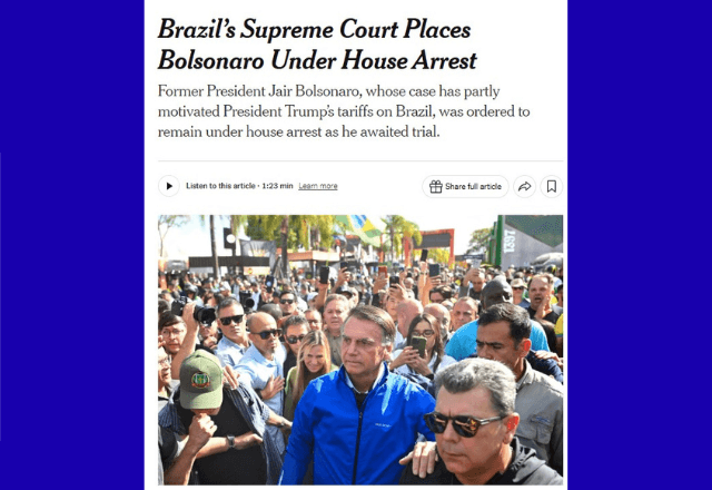 The New York Times sobre prisão domiciliar de Jair Bolsonaro