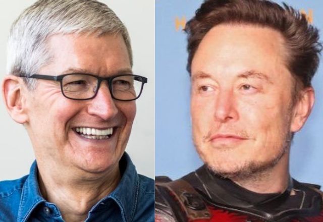 Tim Cook, da Apple, e Elon Musk: dono da Tesla prometeu bloquear até a entrada de iPhone em suas empresas, se a Apple embarcar a IA da OpenAI nos seus sistemas  | Reprodução/X/@tim_cook/@elonmusk