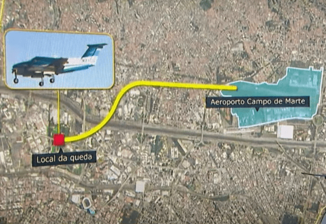 Trajeto do avião desde a decolagem até o local da queda, na Barra Funda | Reprodução 