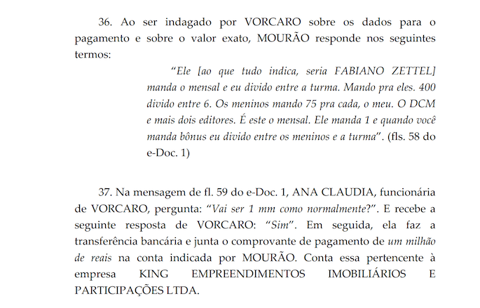 Trecho mostra indícios sobre pagamentos feitos ao operador de inteligência de Vorcaro, Felipe Mourão