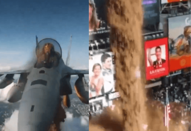 Trechos do vídeo feito por IA em que Trump pilota avião e joga bomba de fezes sobre manifestantes
