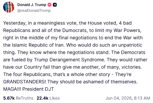 Trump declarou que republicanos que votaram a favor da medida "deveriam ter vergonha deles próprios" | Reprodução/Truth Social