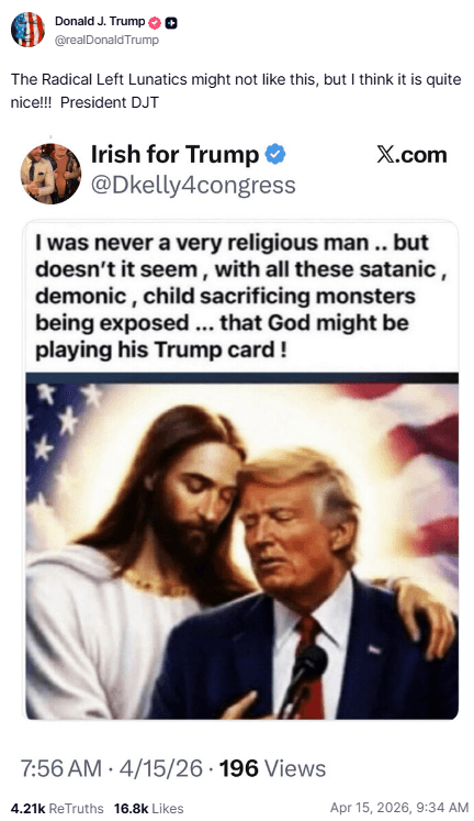 Trump reproduziu imagem de internauta em que ele é abraçado por Jesus Cristo | Reprodução/Truth Social