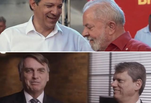 Em cima, Haddad e Lula, e abaixo, Bolsonaro e Tarcísio, em montagem (Reprodução/Twitter)