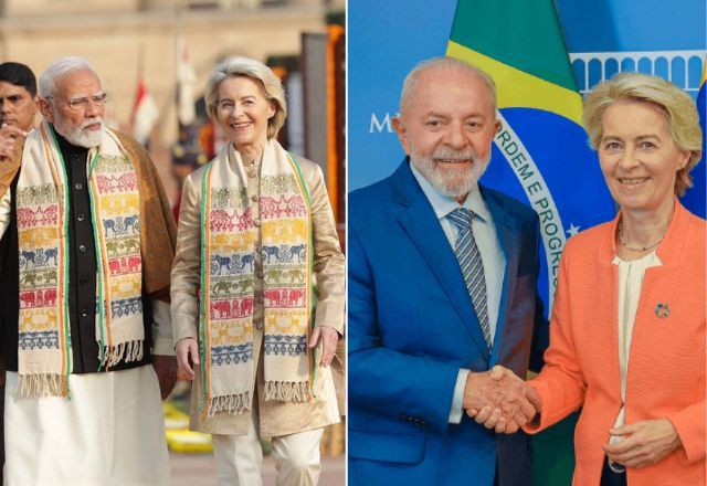 Ursula von der Leyen com o primeiro-ministro Narendra Modi e o presidente Lula | Reprodução