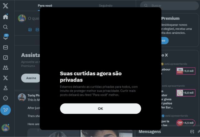 Usuários do X que abrem a rede social recebe a mensagem Suas curtidas agora são privadas | Reprodução/X