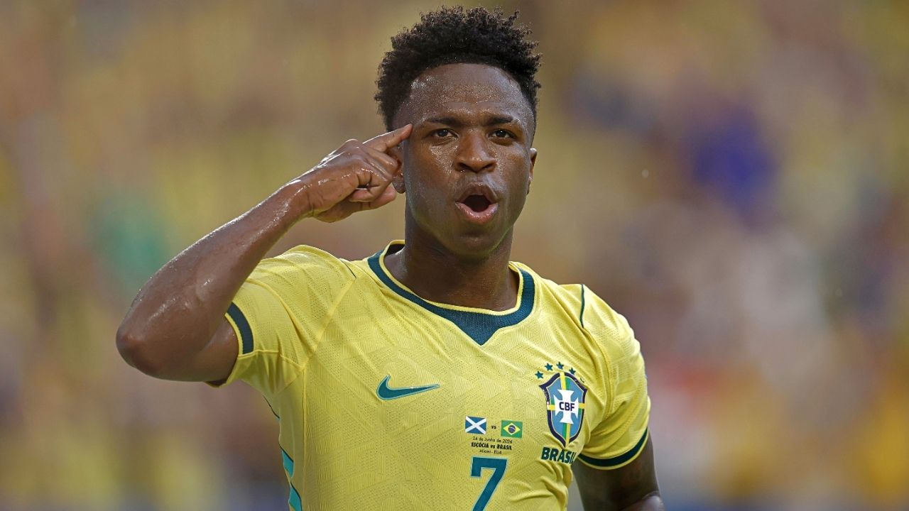 Vini Jr. em comemoração após gol contra a Escócia | Rafael Ribeiro/CBF