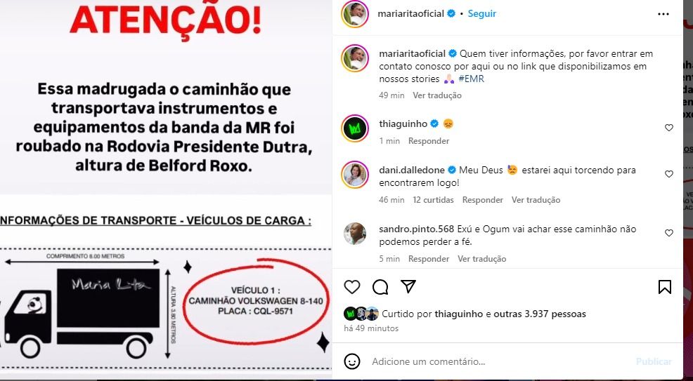 Maria Rita pediu ajuda para encontrar caminhão com instrumentos roubado. | Reprodução/Redes Sociais