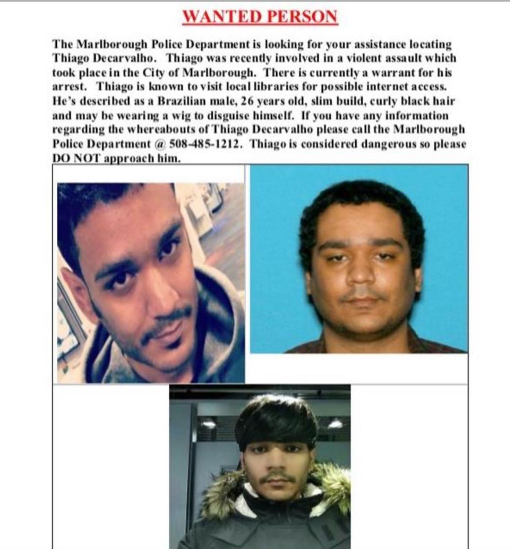 Material a que o SBT teve acesso mostra que Thiago era procurado pela polícia de Marlborough (Massachusetts) e tinha mandado de prisão em aberto | Reprodução