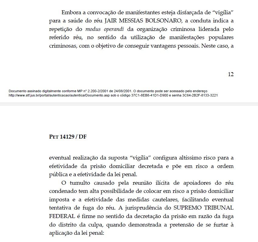 Trecho da decisão do Ministro Alexandre de Moraes na PETIÇÃO 14.129/DF | reprodução/STF