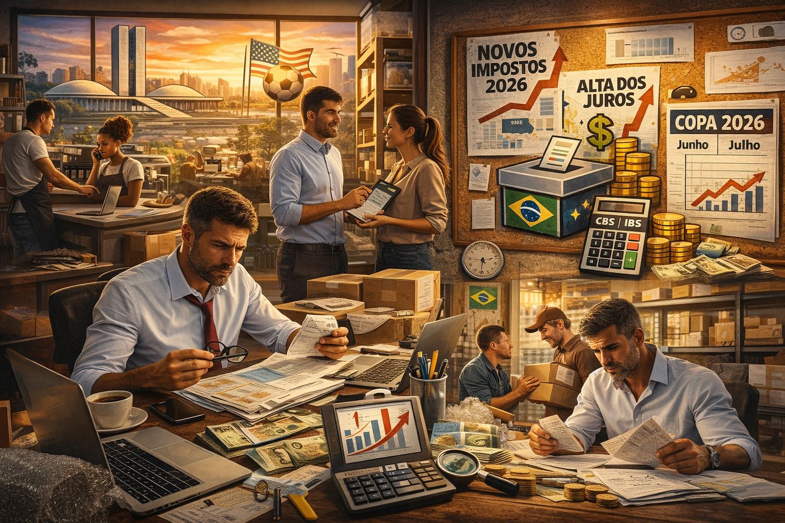 Pessoas fazendo contas com juros altos e novos impostos | Imagem gerada por IA
