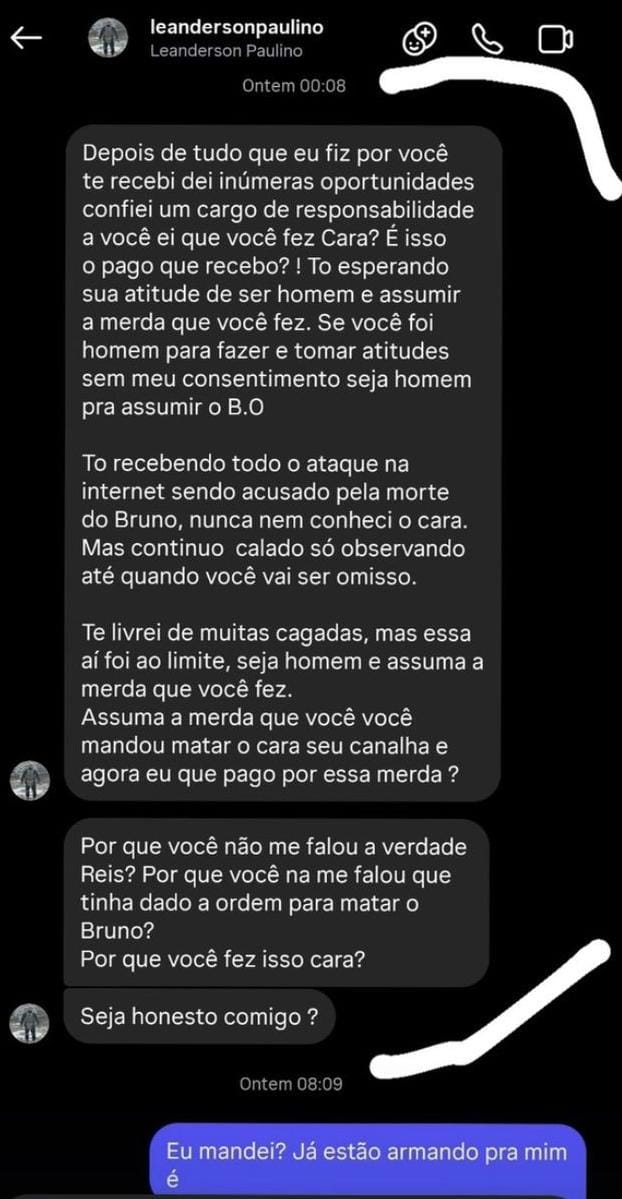 Conversa entre Daniel Reis e o comandante Leanderson Paulino | Foto: Reprodução