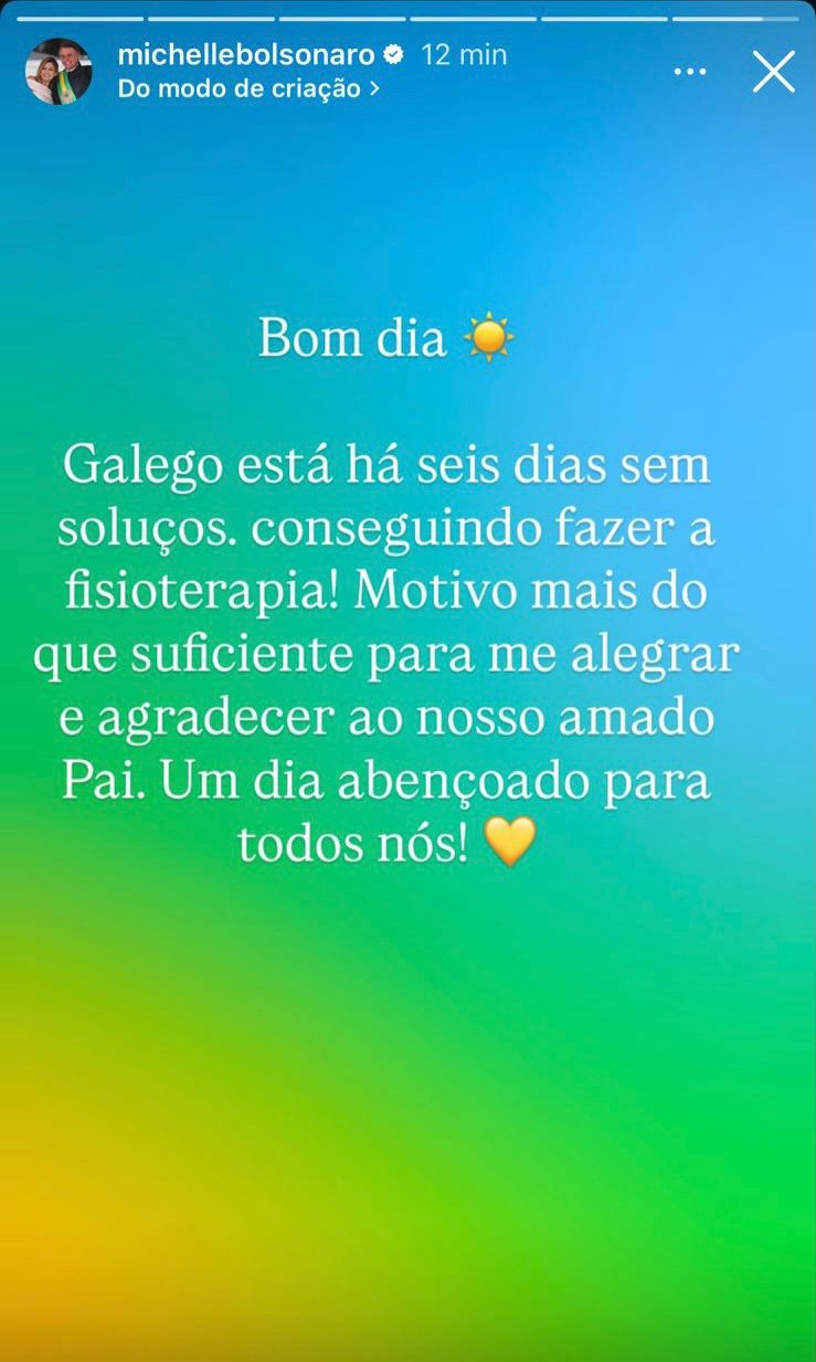 Michelle diz que Bolsonaro está há seis dias sem soluços | Reprodução