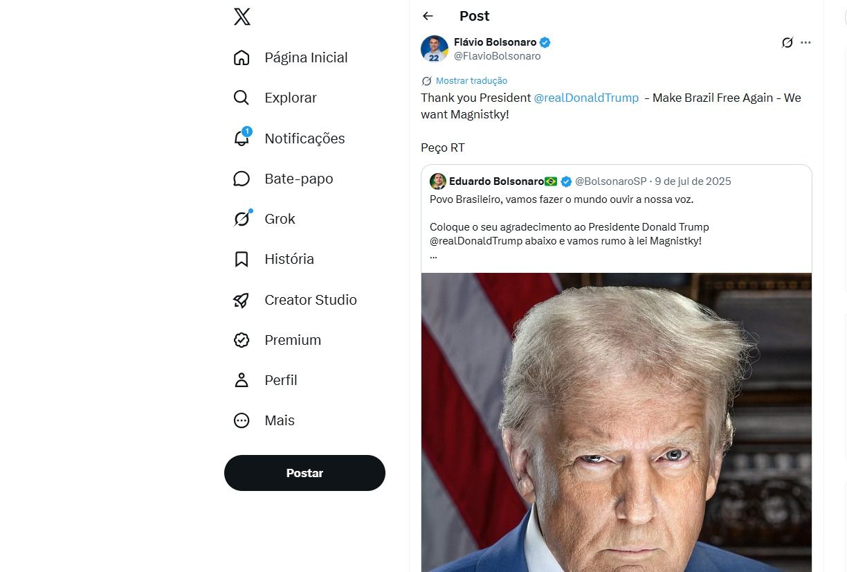 Flávio Bolsonaro agradece Donald Trump por tarifas em 2025 | Foto: Reprodução/Redes Sociais