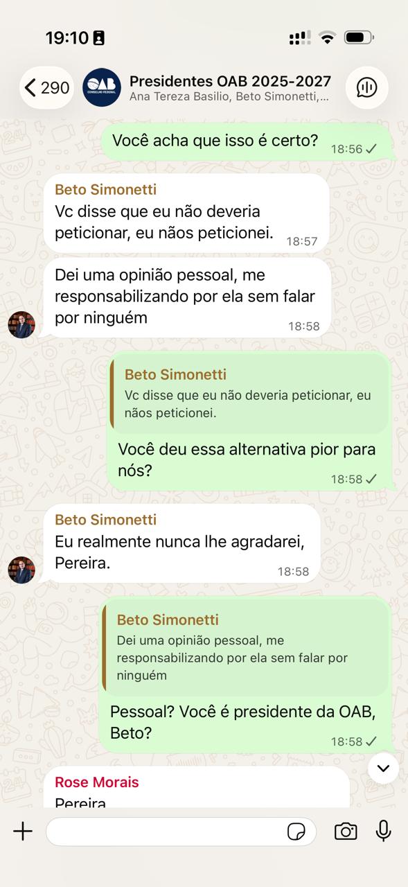 Ggrupo institucional de WhatsApp que reúne os presidentes das seccionais da entidade nos estados e no DF | Reprodução
