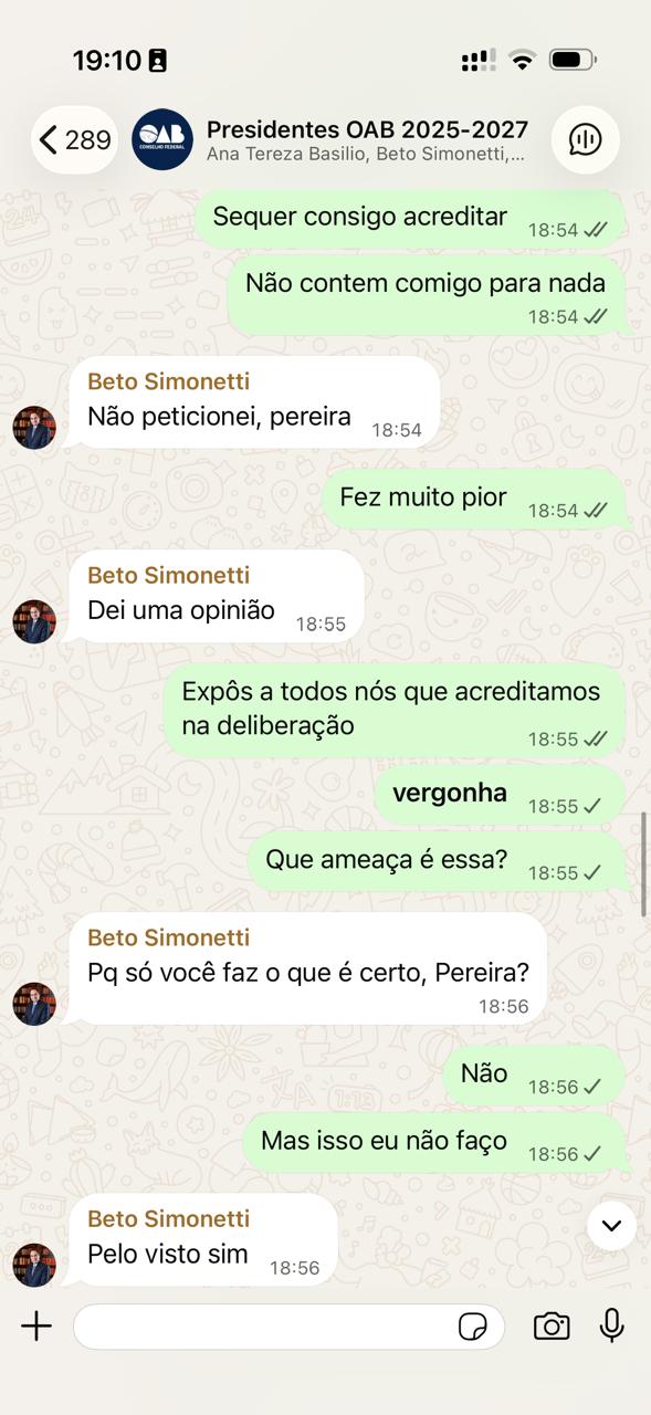 Ggrupo institucional de WhatsApp que reúne os presidentes das seccionais da entidade nos estados e no DF | Reprodução