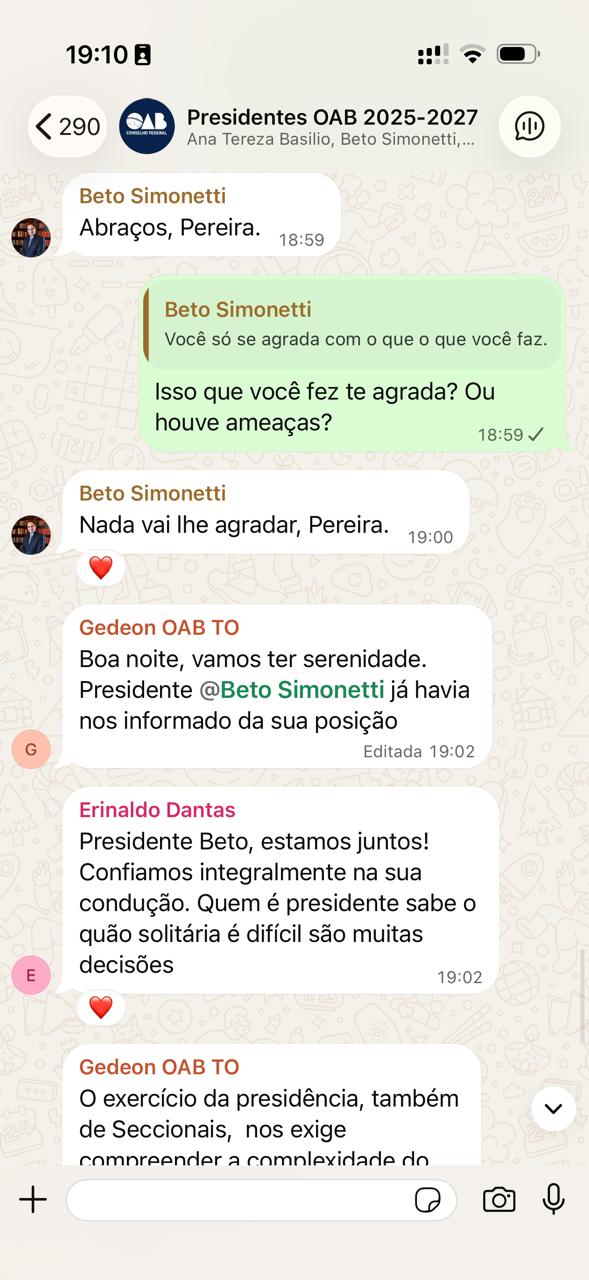 Ggrupo institucional de WhatsApp que reúne os presidentes das seccionais da entidade nos estados e no DF | Reprodução