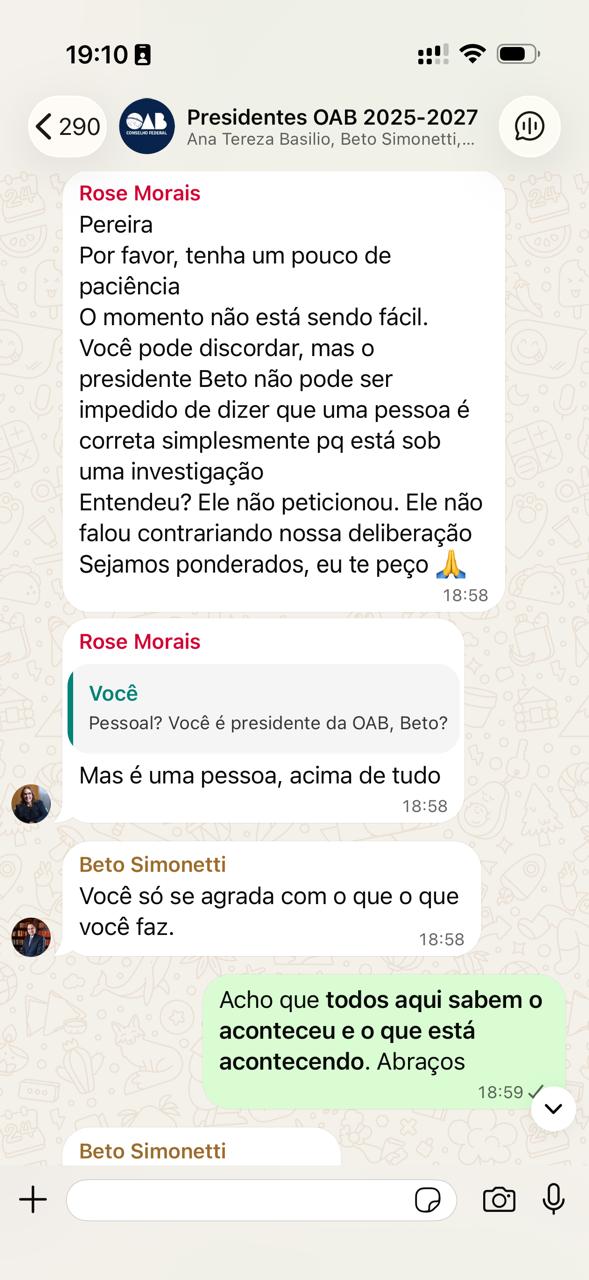 Ggrupo institucional de WhatsApp que reúne os presidentes das seccionais da entidade nos estados e no DF | Reprodução