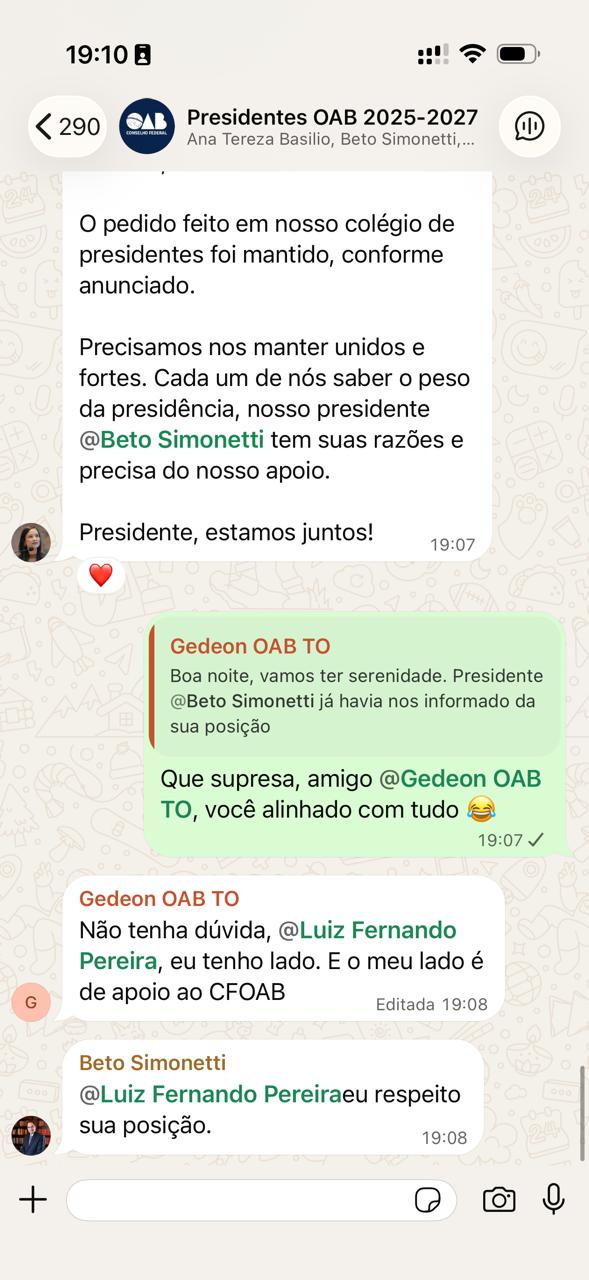 Ggrupo institucional de WhatsApp que reúne os presidentes das seccionais da entidade nos estados e no DF | Reprodução