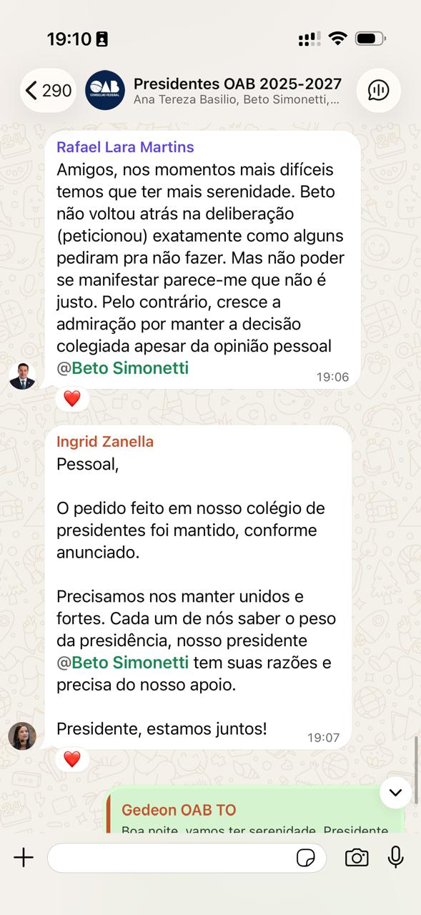 Ggrupo institucional de WhatsApp que reúne os presidentes das seccionais da entidade nos estados e no DF | Reprodução