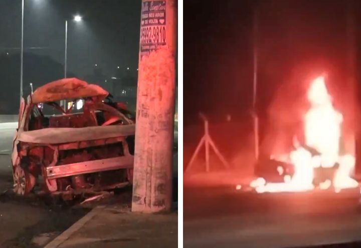 No local, as equipes encontraram o carro em chamas e o motorista já sem vida | Reprodução