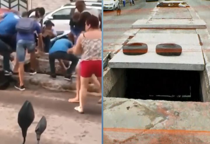 Adolescentes caem em canal de esgoto após tampa ceder, em Salvador