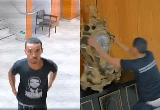 Imagens do circuito interno do Palácio do Planalto registraram o momento em que Antônio Ferreira destruiu o relógio | Reprodução